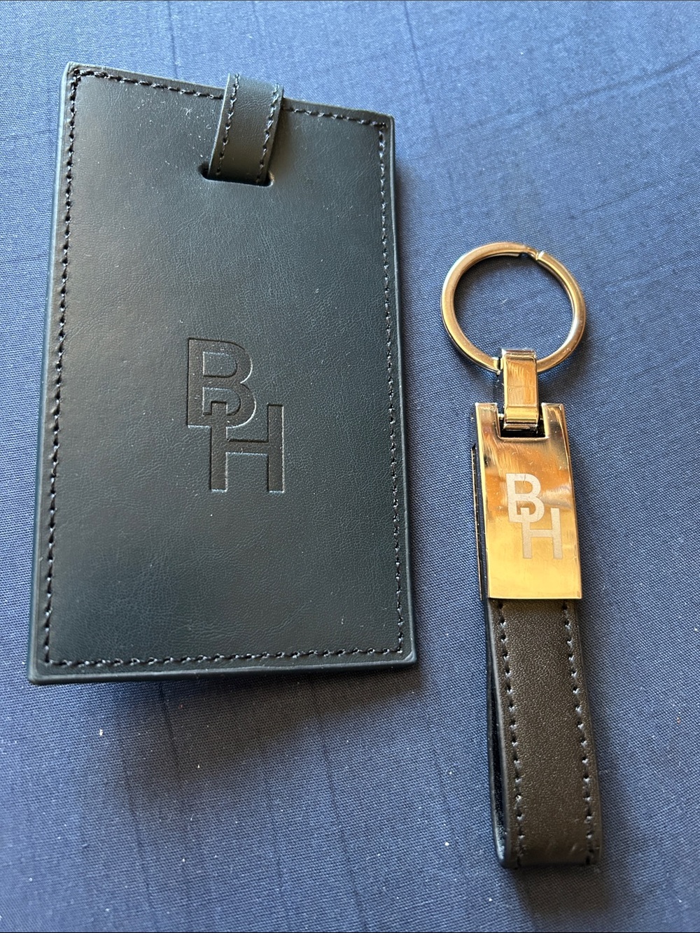 Leeman Illini Cowhide BH Monogram Black Leather Luggage Tag & Keyring Set